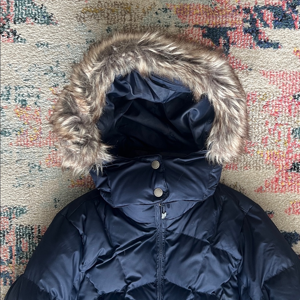 EDDIE BAUER Navy Puffer Jacket with Faux Fur Hood